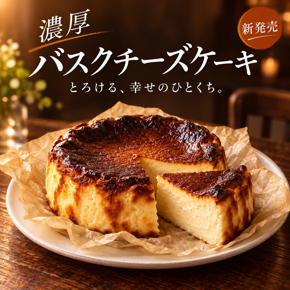 濃厚バスクチーズケーキ、とろける幸せのひとくち。日本語の見出しを組み合わせた販促デザイン例