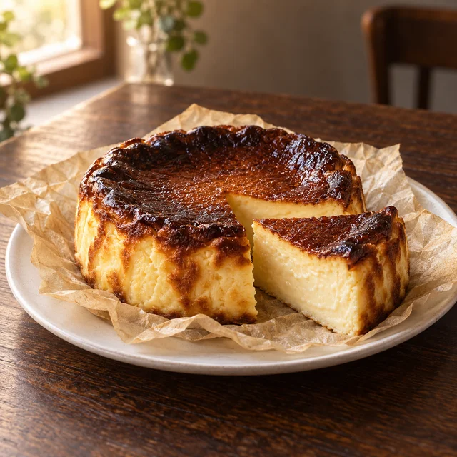 木のテーブルに置いたバスクチーズケーキの商品写真