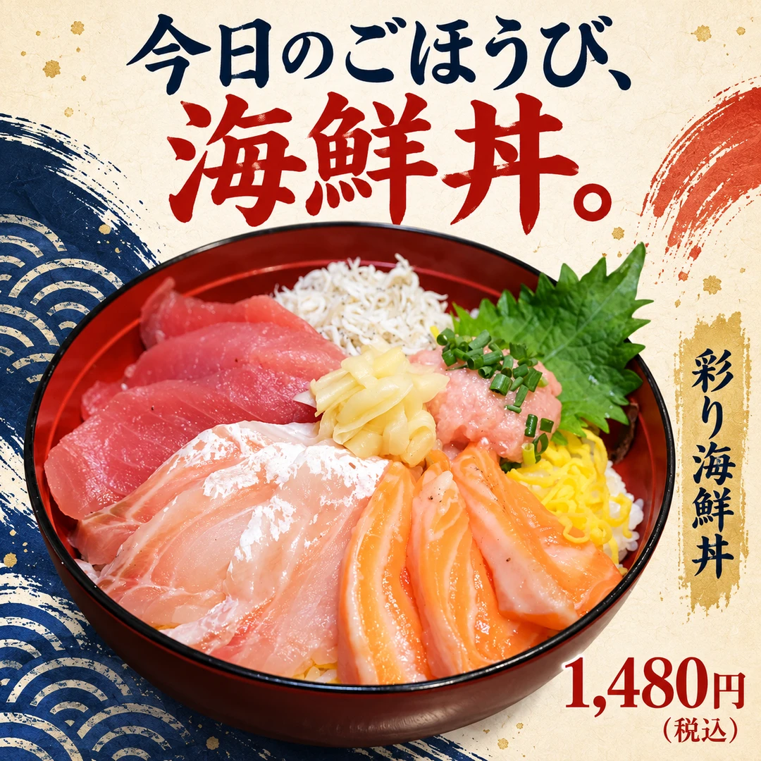海鮮丼の写真を使ったSNS投稿のデザイン例