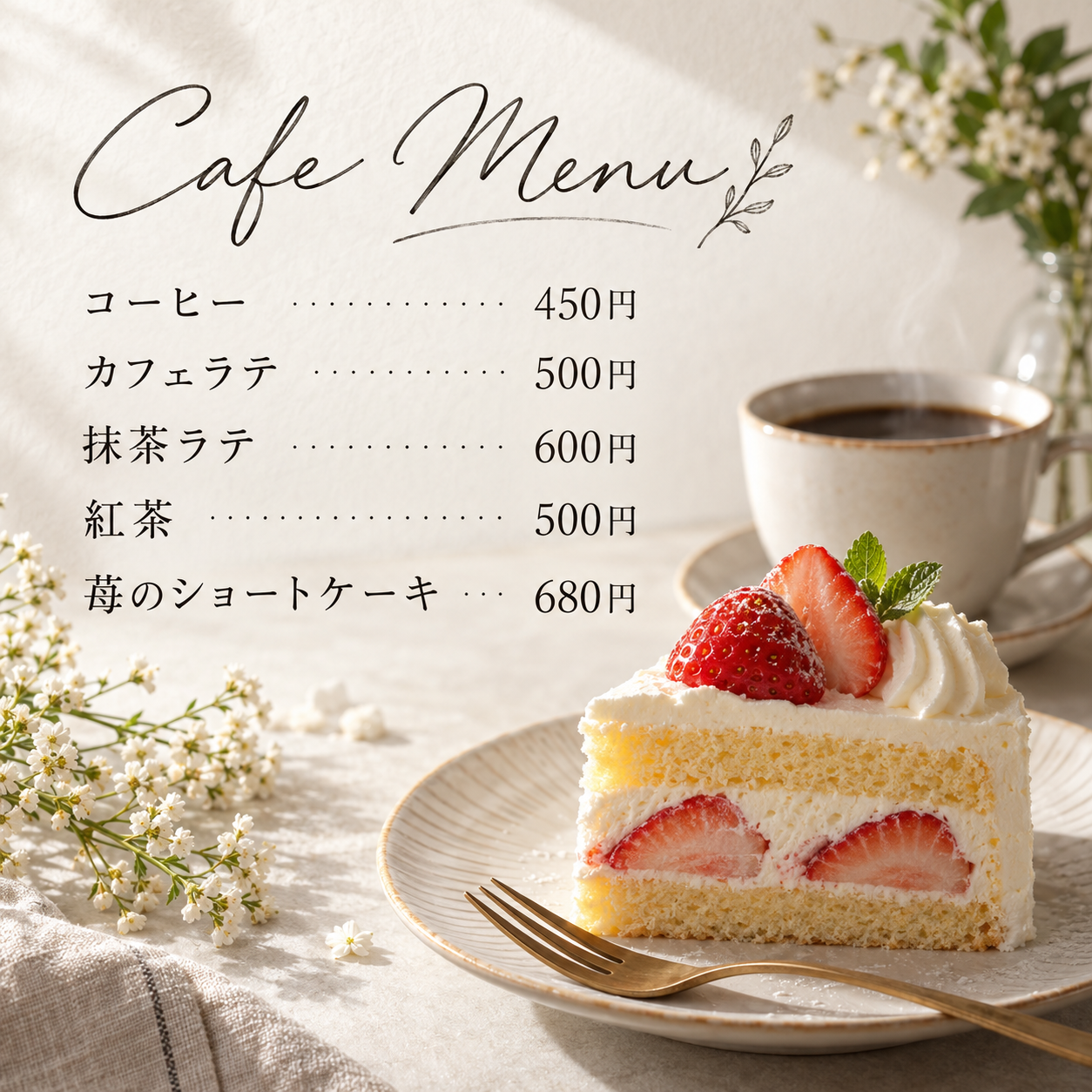 生成りの布とケーキの写真に、細い罫線で価格を結んだカフェメニューがあります。