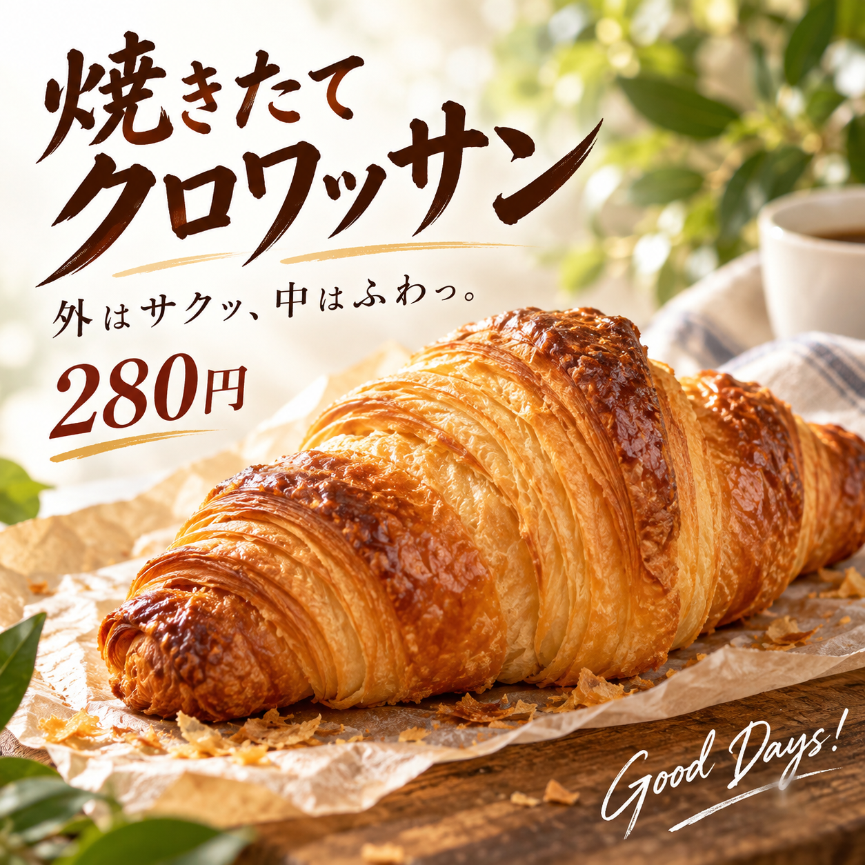 大きなクロワッサンと明るい背景に、黒い筆文字と赤い価格があります。