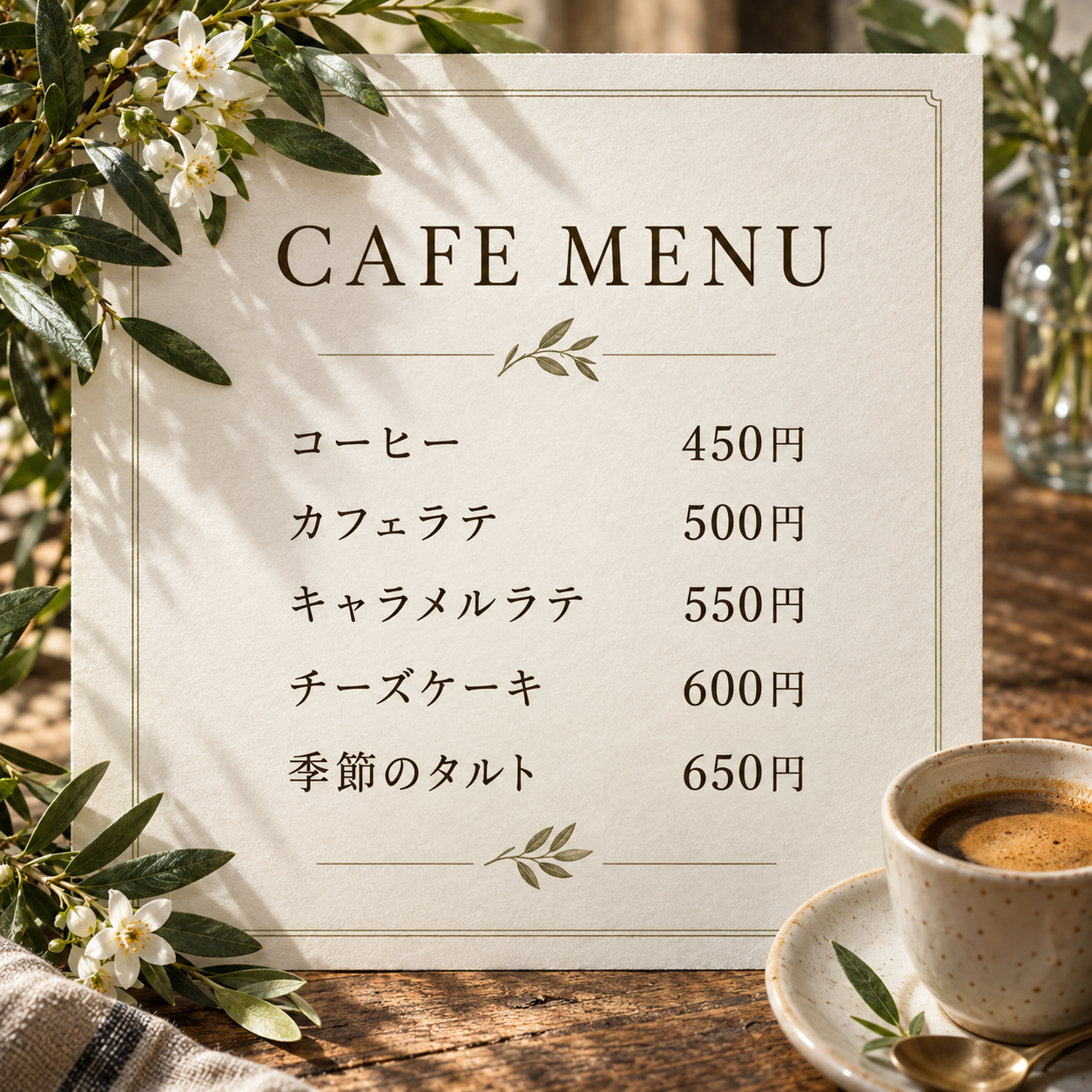 緑の枝に囲まれた白いメニュー板に、飲料と菓子の価格を整列させています。