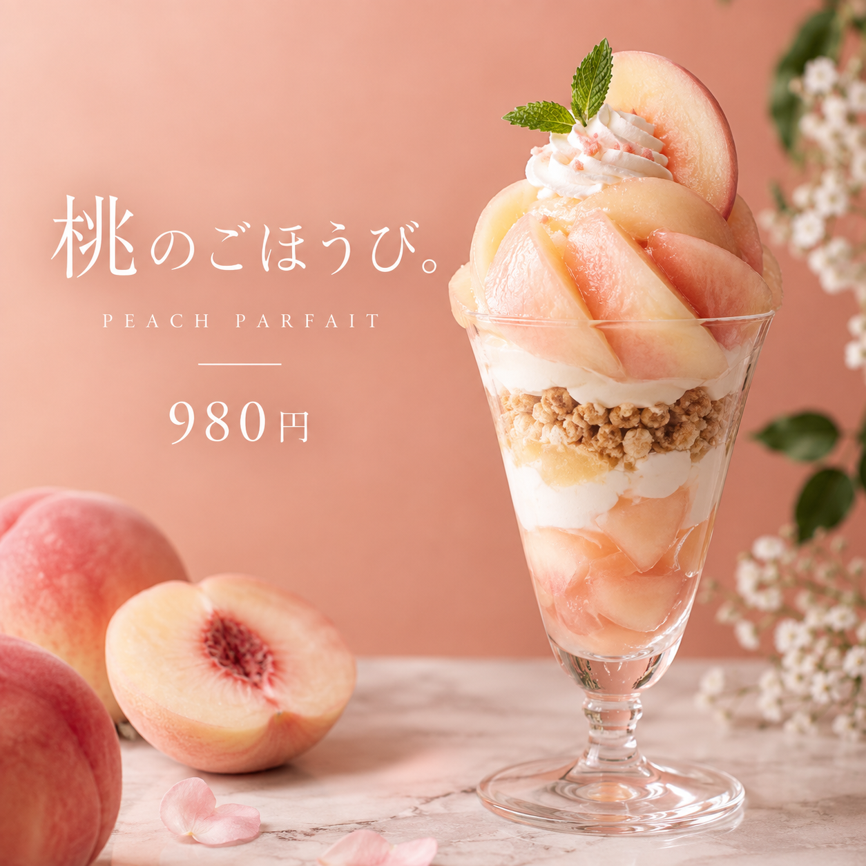 SNS投稿 SNS: SNS カフェ・花・旅｜桃のパフェ