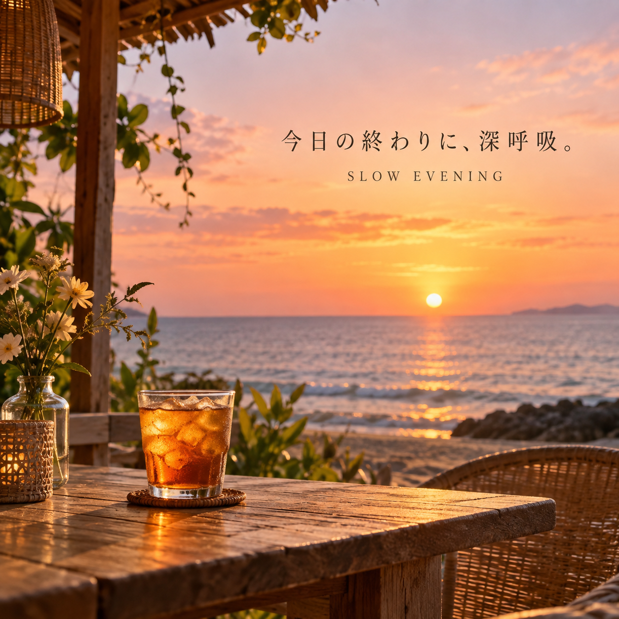 SNS投稿 SNS: SNS カフェ・花・旅｜海辺の夕暮れ