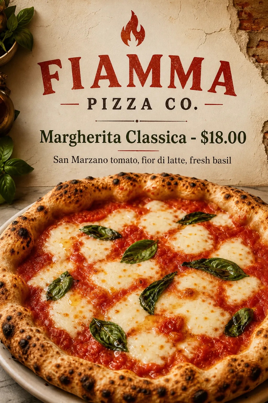 A large pizza fills the lower half beneath a red name and small ingredient line.