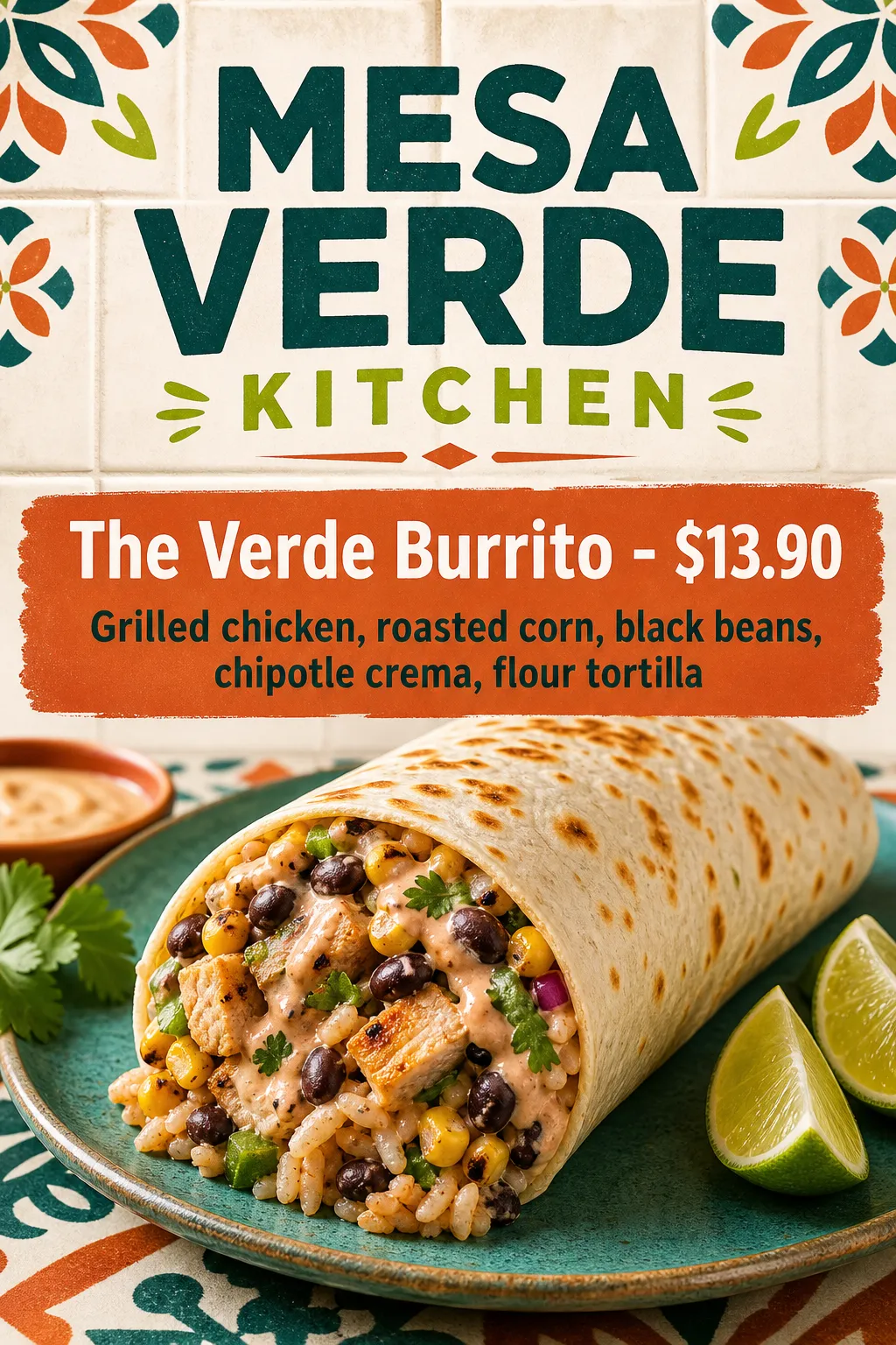 A cut burrito sits under green lettering and an orange price strip with leafy decorations.
