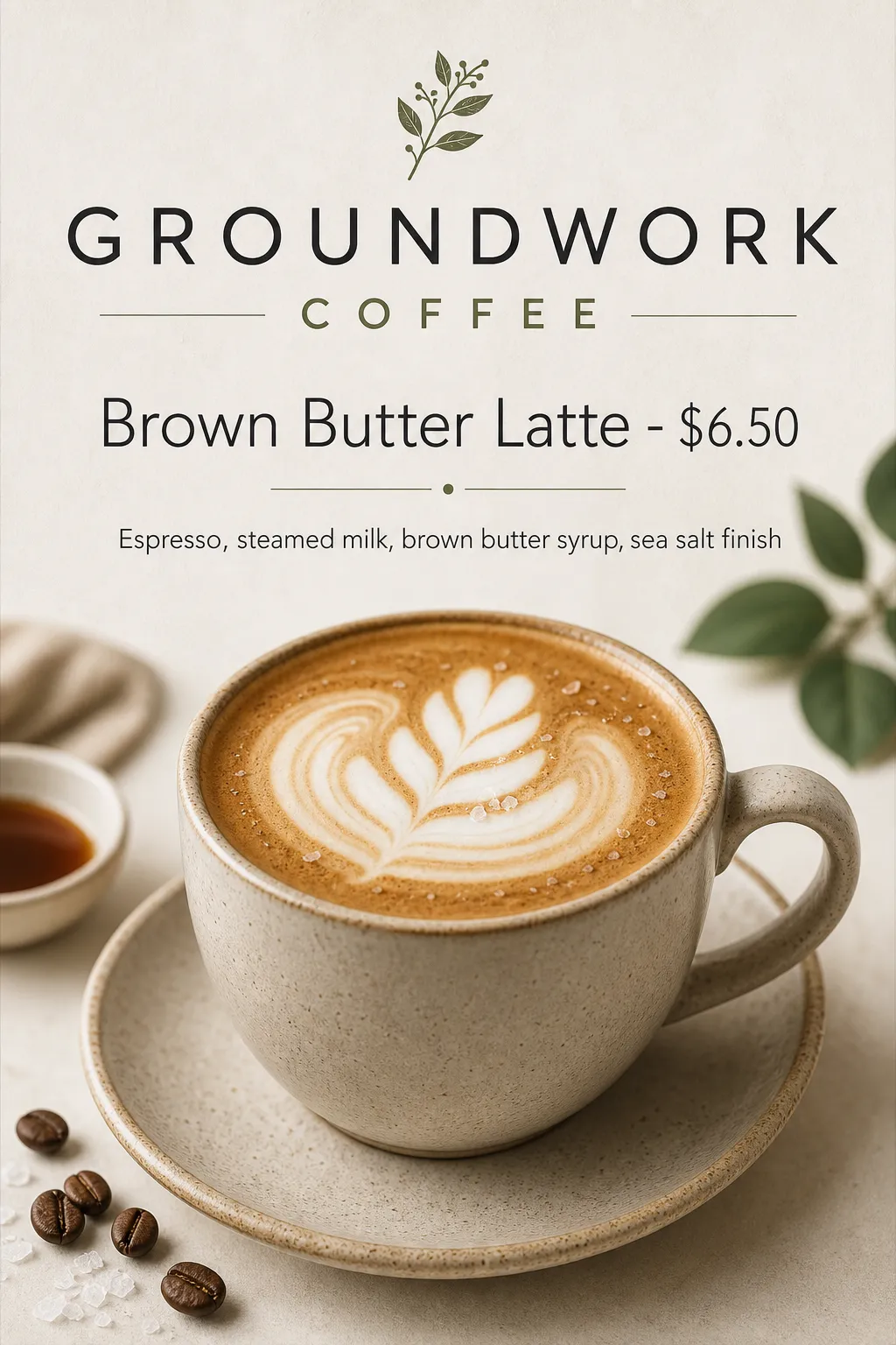 A latte cup and coffee beans sit beneath a minimal, widely spaced café heading.