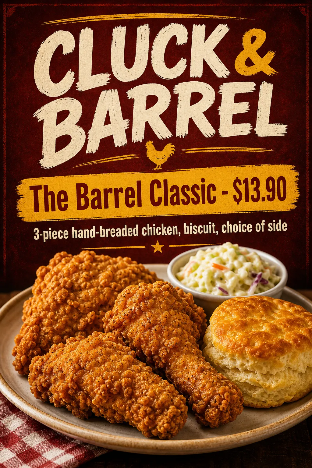 A fried-chicken plate and biscuit sit below bold cream text on dark red.
