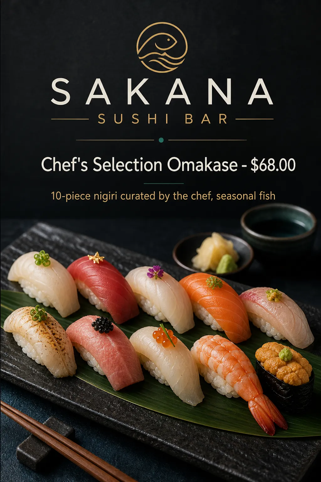 Sushi on a black tray appears below a restrained gold-and-white restaurant heading.