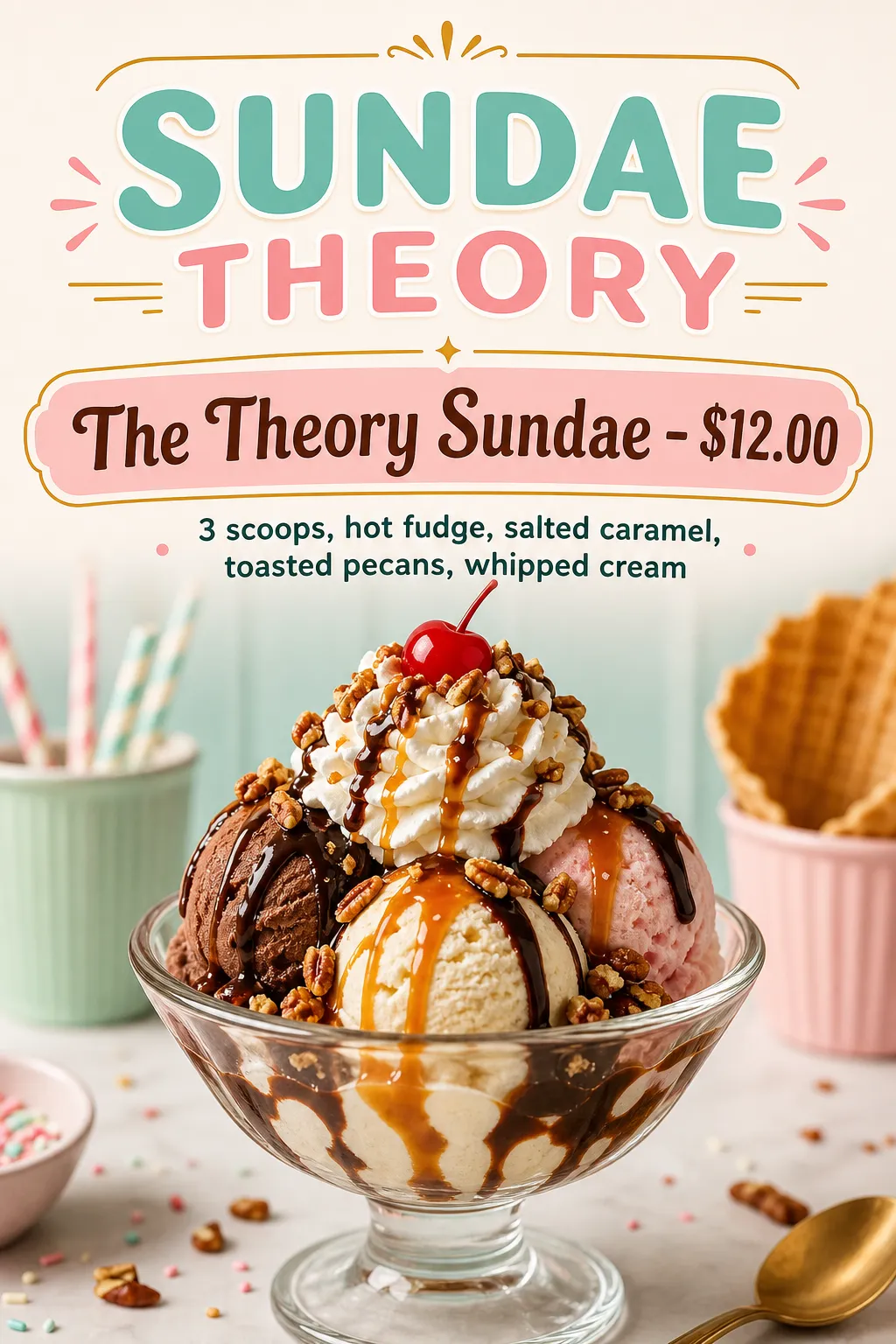 A tall sundae is framed by pastel lettering and a pink price band.