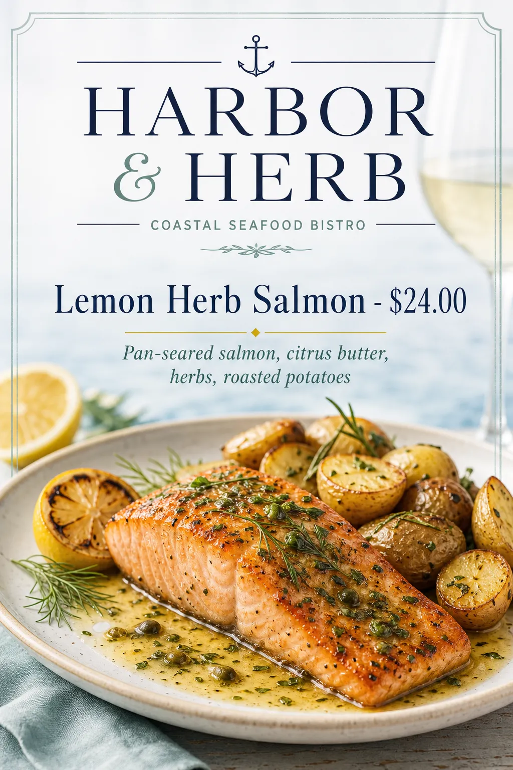A salmon plate sits in a light coastal palette with blue lettering.