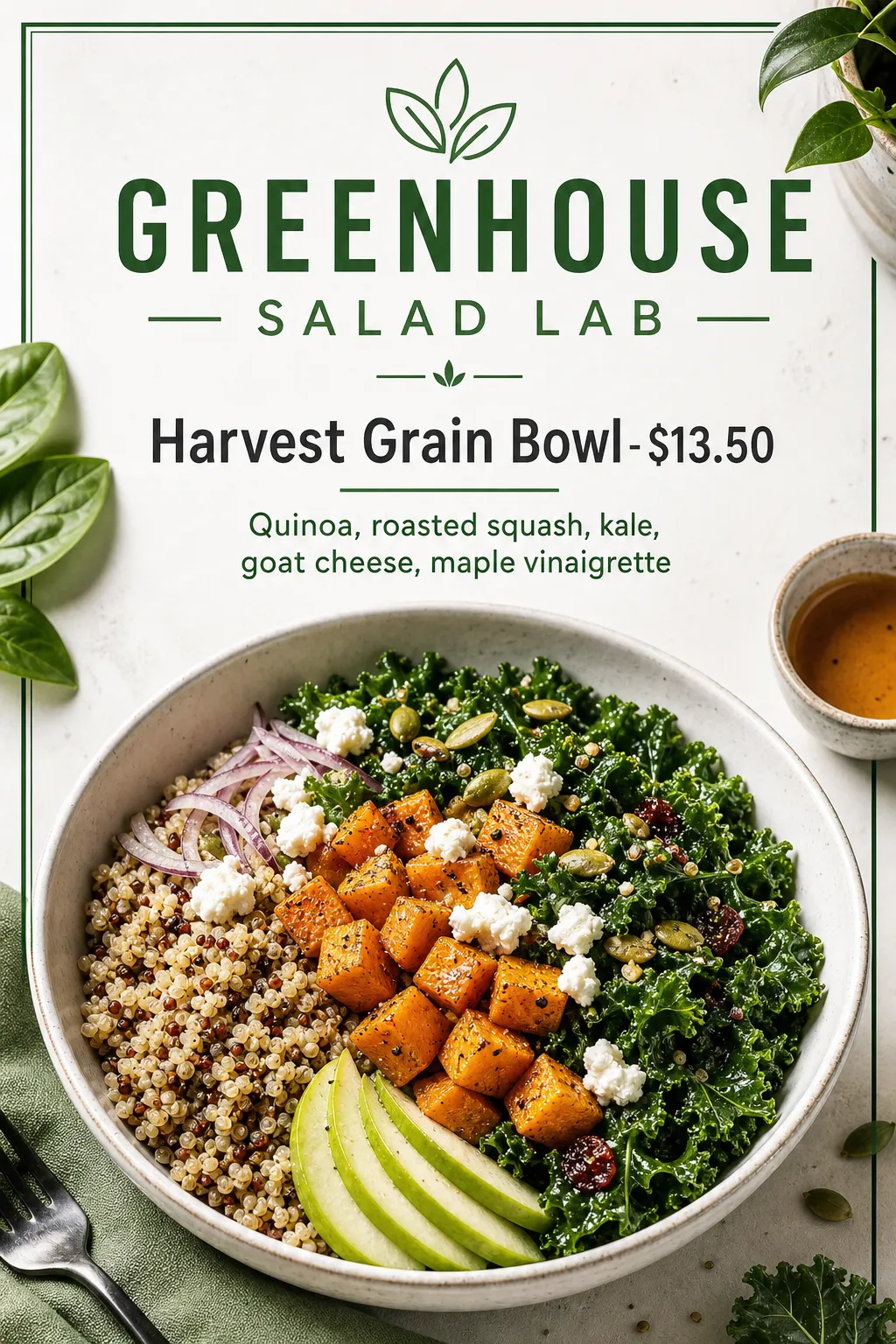 A colourful grain bowl fills a white-and-green salad-bar poster.