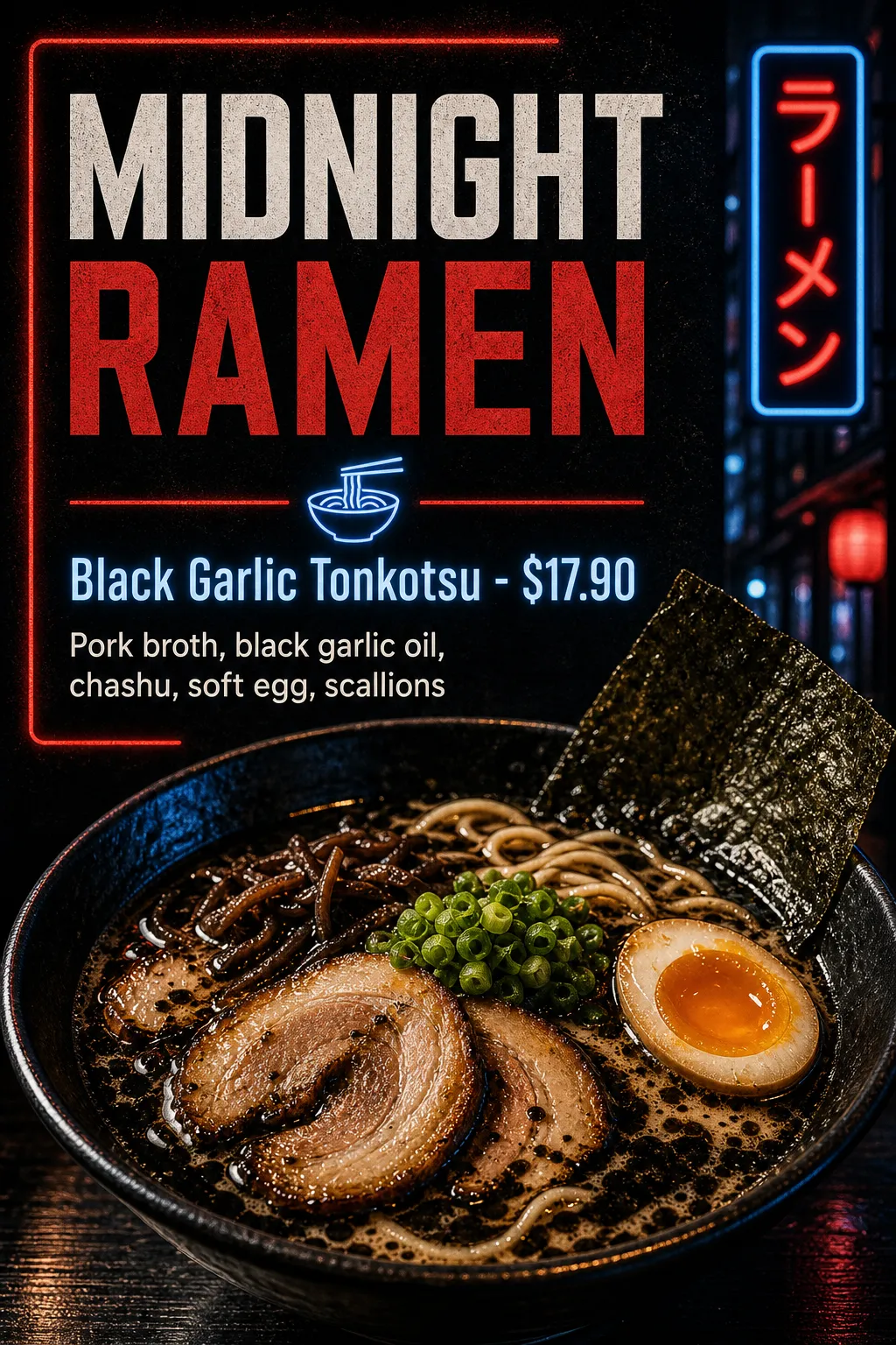 Restaurants Menu: Night-time ramen with red lettering