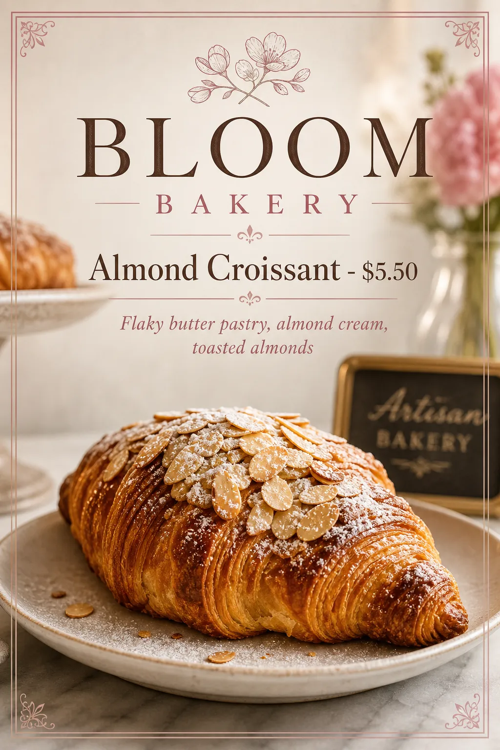 An almond-covered croissant appears below pale pink bakery lettering.