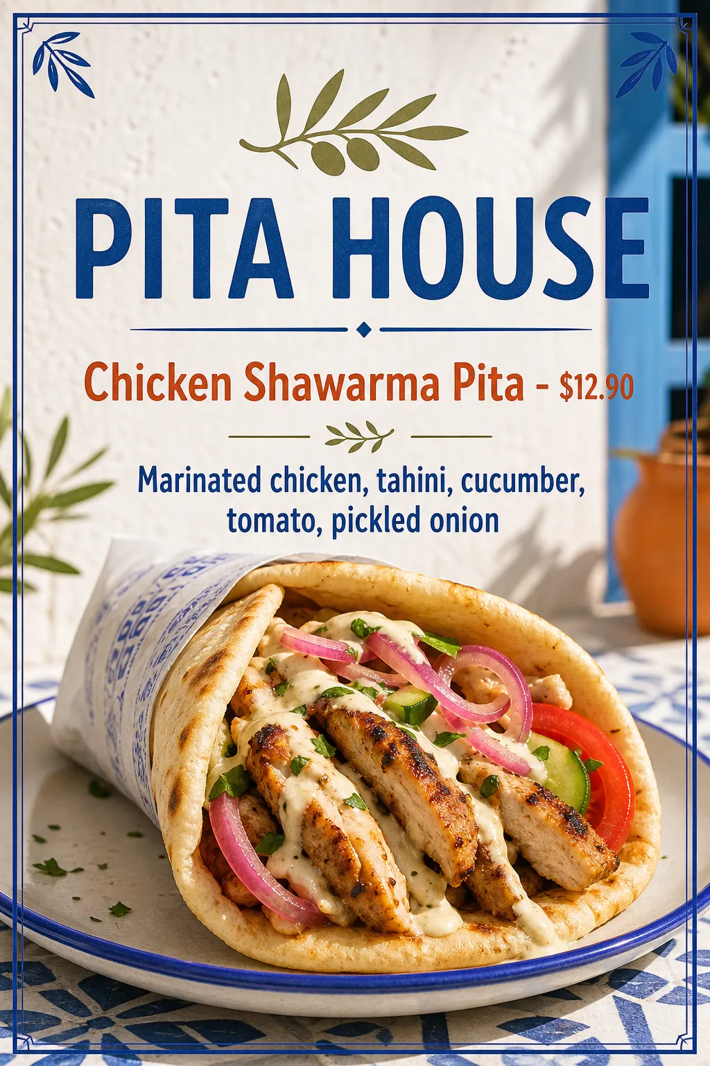 Restaurants Menu: Blue-bordered filled pita