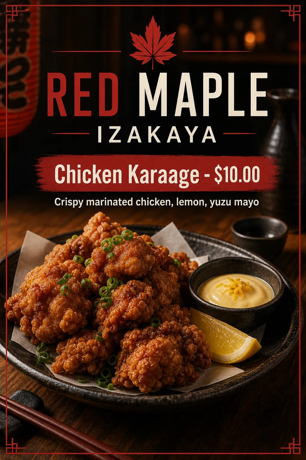 A dark izakaya-style composition uses red maple imagery above a fried-chicken plate.