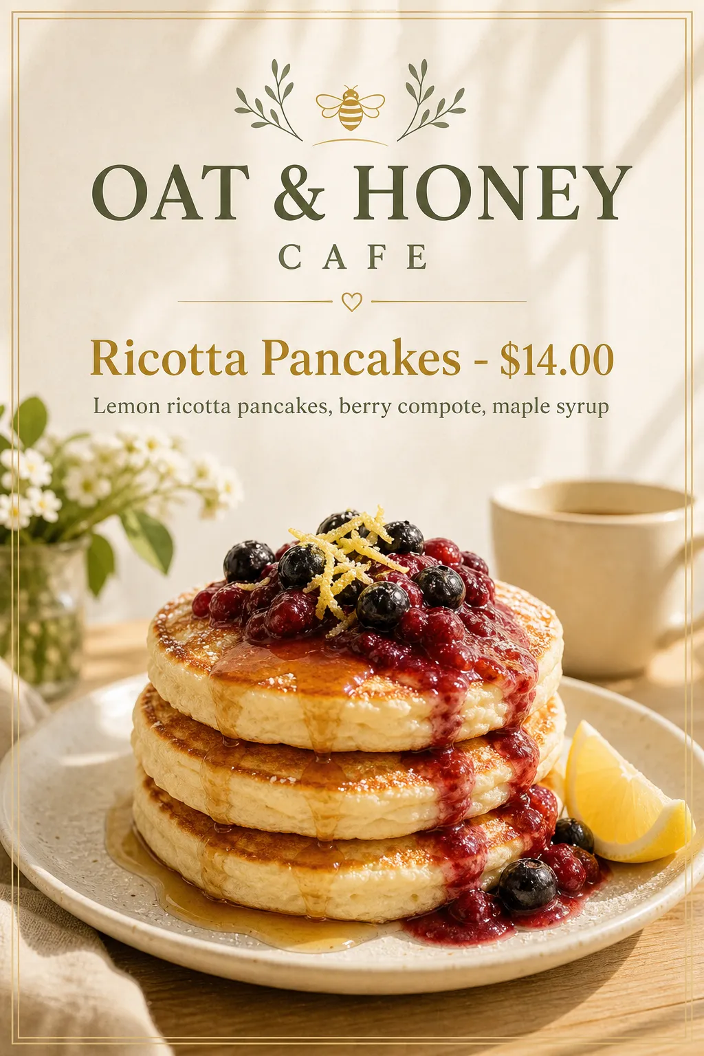 A stack of pancakes sits in a pale honey-coloured café composition.