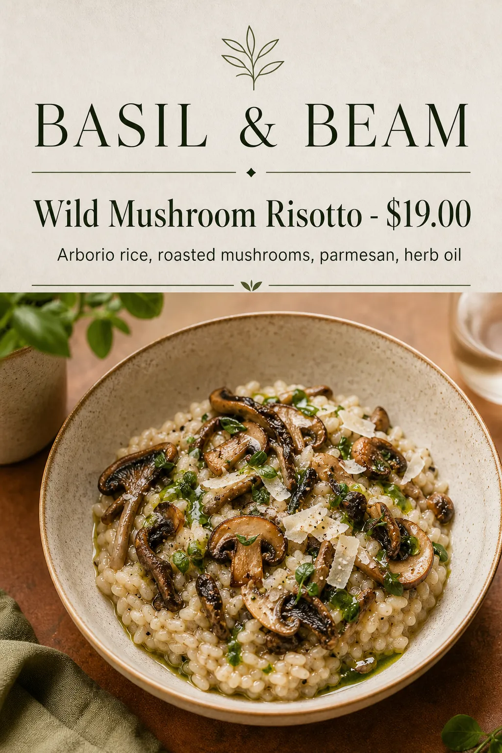Restaurants Menu: Cream-and-green mushroom risotto