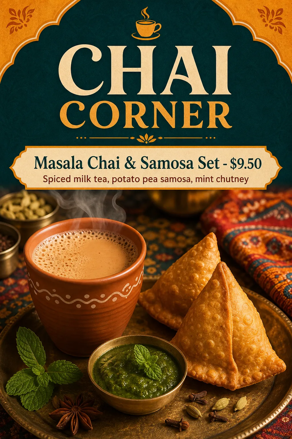 A chai cup and samosas sit beneath an ornate green-and-gold title panel.