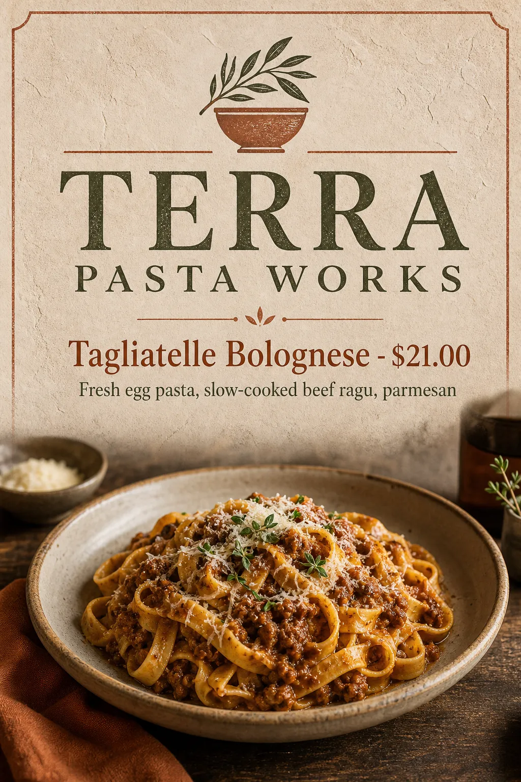 Restaurants Menu: Pasta on a warm paper background