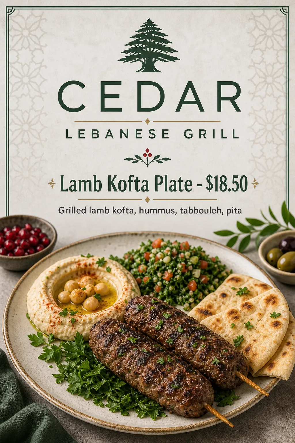 A grilled-meat platter is framed by a cedar motif and green type.