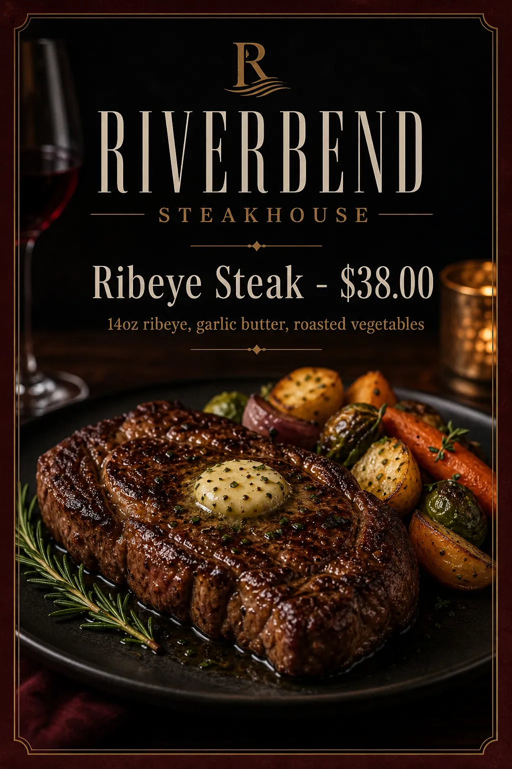 A large steak and vegetables sit in a dark brown restaurant composition.