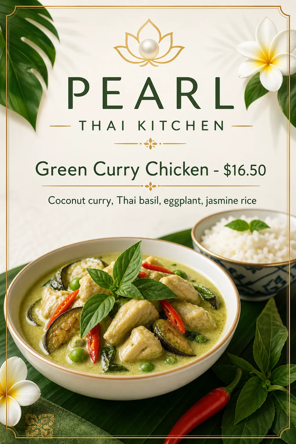 A green curry bowl is surrounded by leaves and a light tropical border.