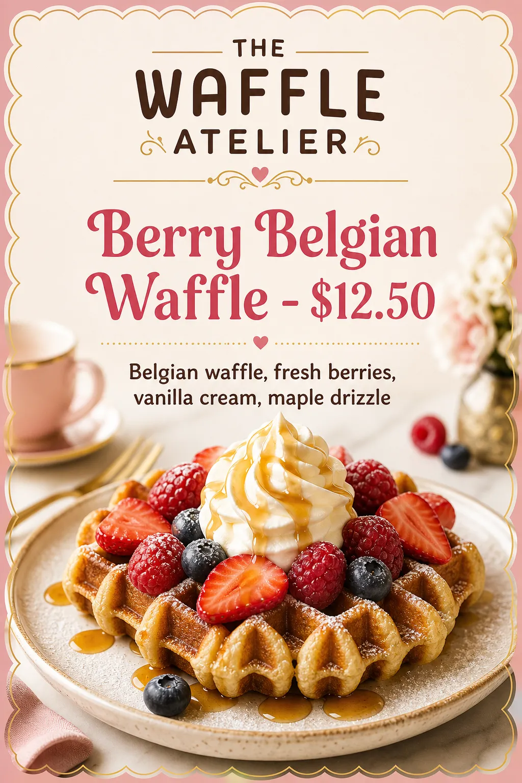 A berry waffle sits beneath pink type and a decorative cream border.