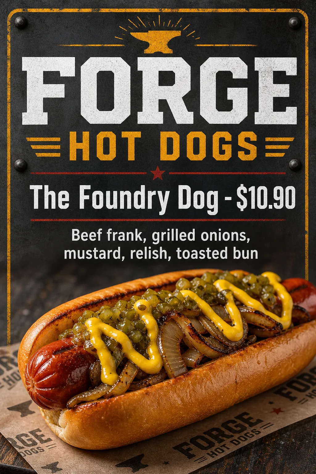 A hot dog fills the lower half beneath bold industrial-style black-and-yellow lettering.