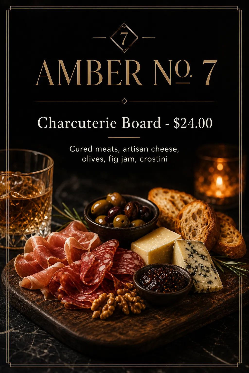 A charcuterie board appears below a spare gold heading on a dark background.