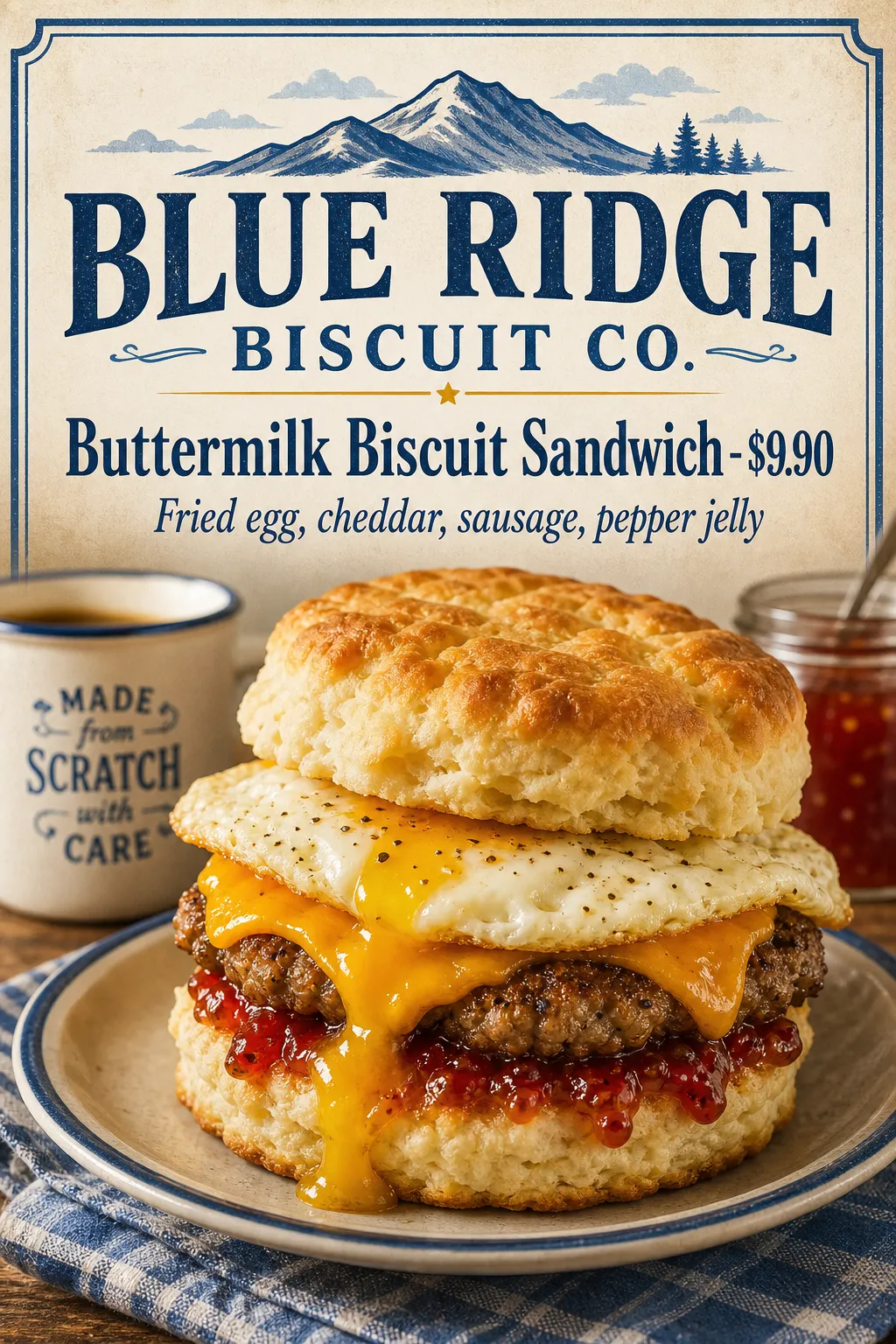 Restaurants Menu: Biscuit sandwich with mountain illustration