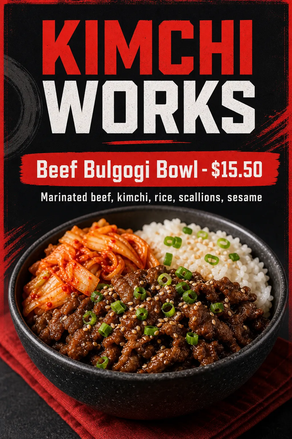 A rice bowl is paired with bold red-and-white type on black.