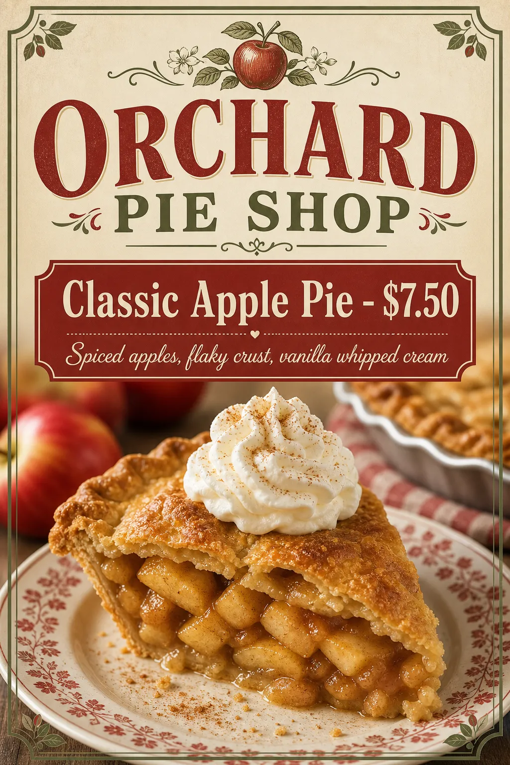 A large apple-pie slice fills a cream-and-red bakery composition.