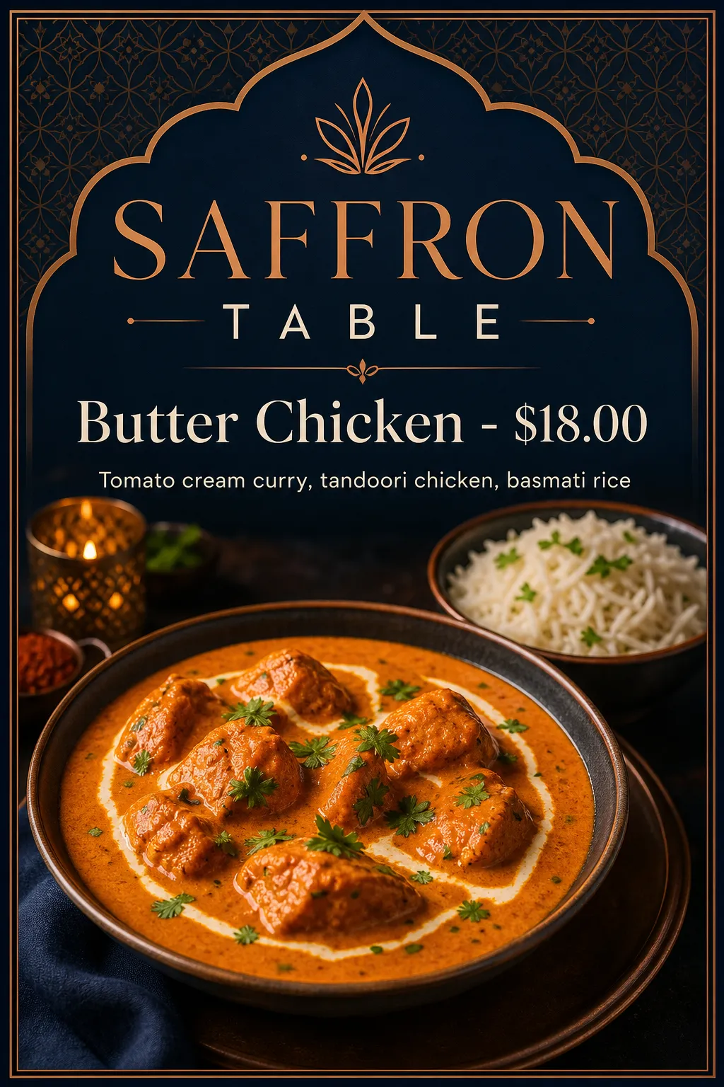 An orange curry sits in a dark ornate frame beneath gold lettering.