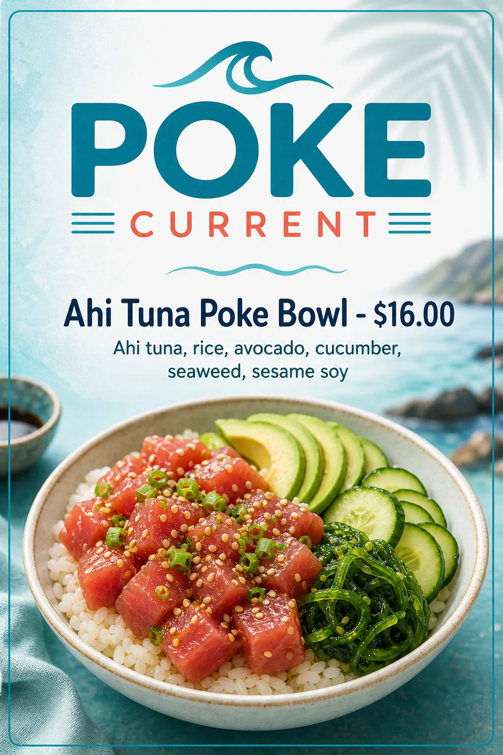 Restaurants Menu: Turquoise wave-bordered poke bowl