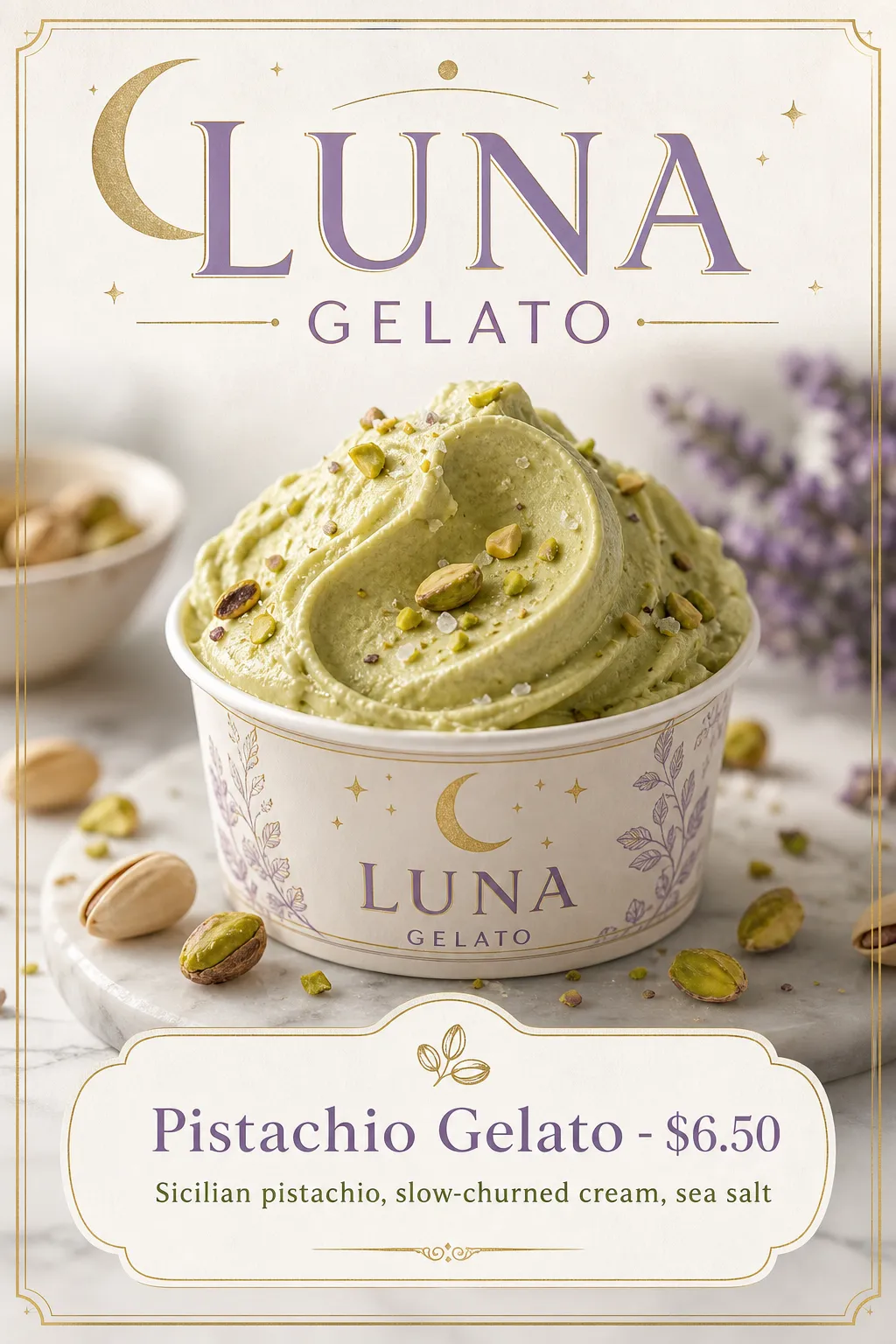 A pale-green gelato cup sits within a light gold ornamental border.