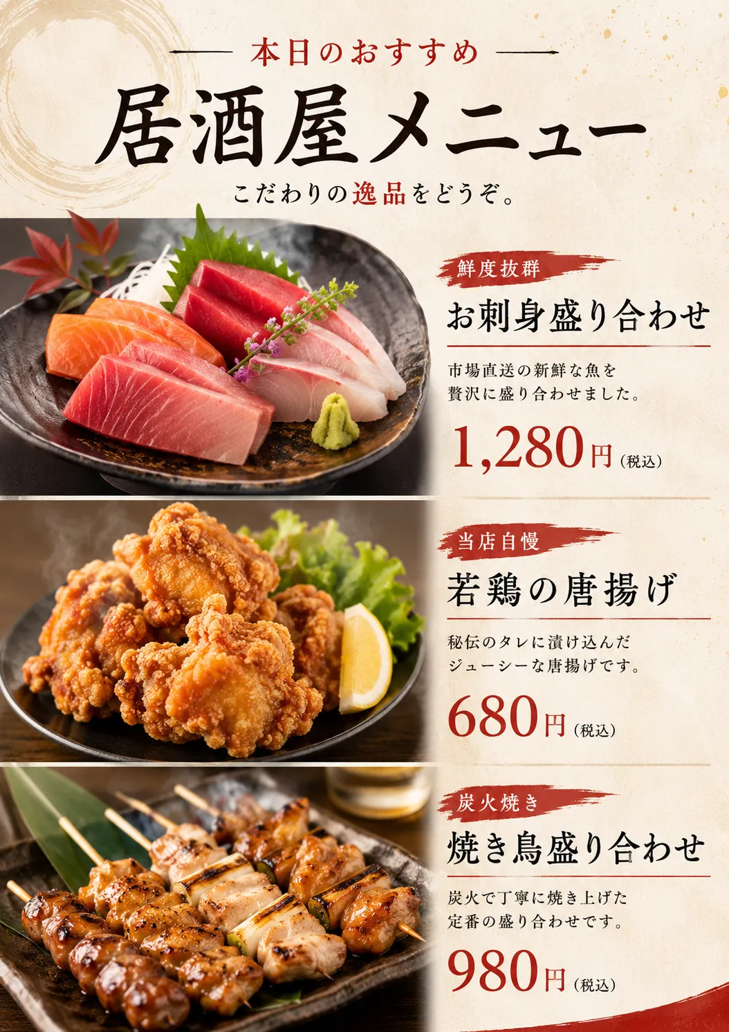 飲食店 メニュー: 刺身と唐揚げと焼き鳥の縦メニュー
