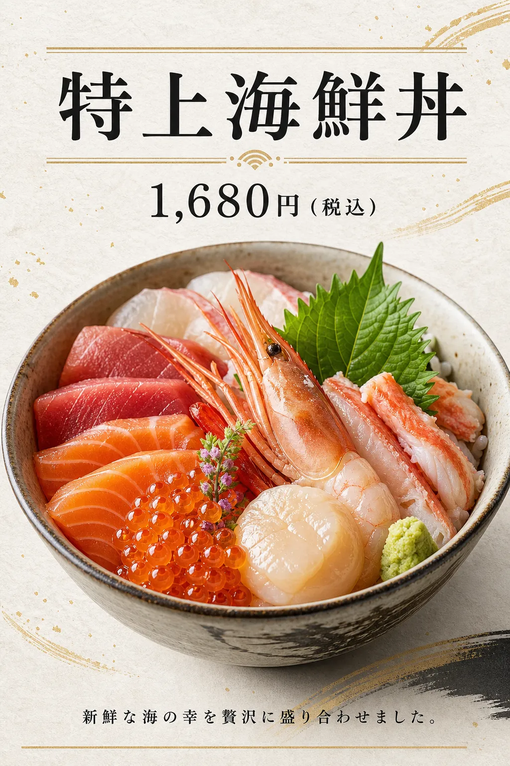 白い余白の下へ海鮮丼を大きく配置し、上部へ短い商品名と価格を置いています。