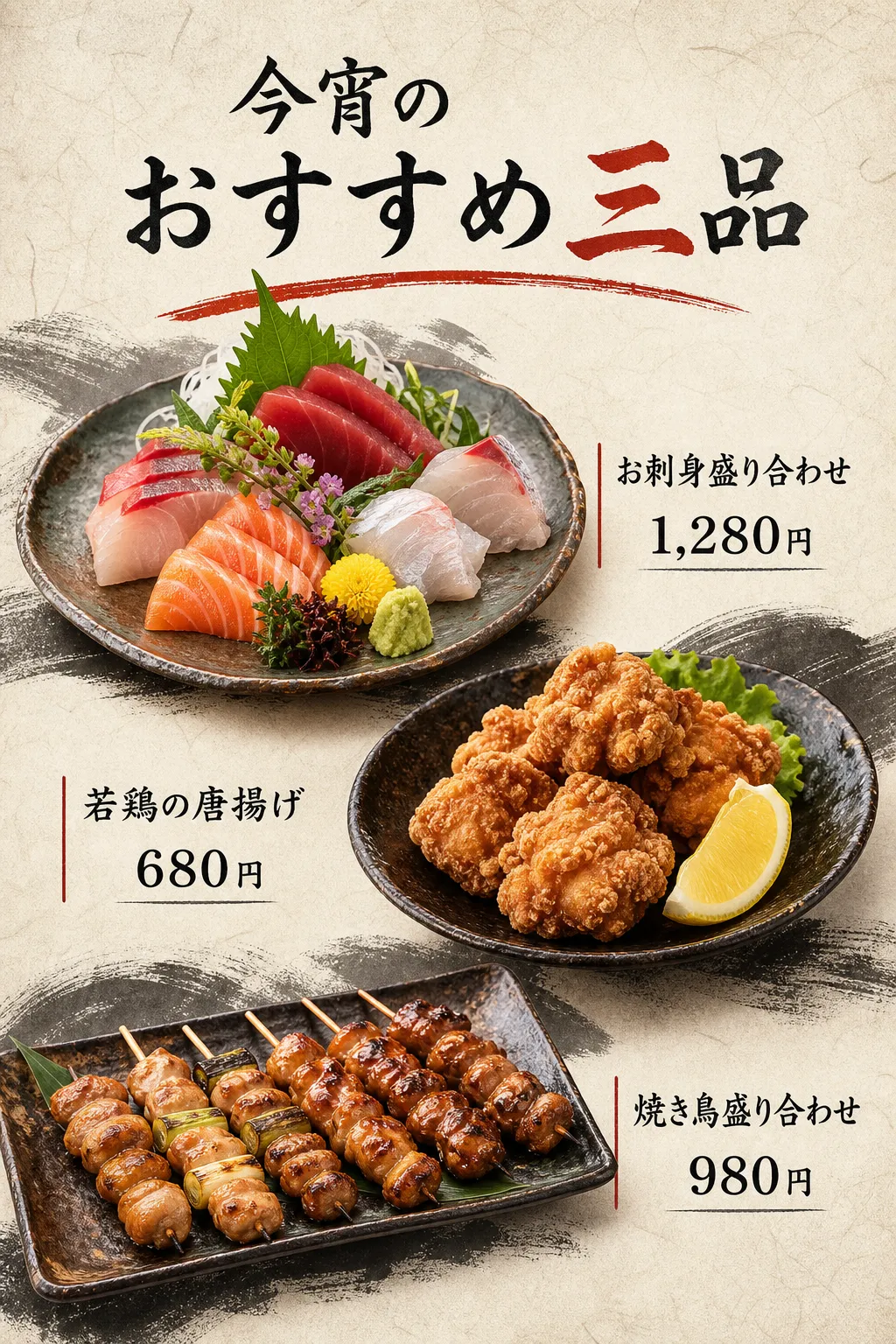 飲食店 メニュー: 刺身と揚げ物と串焼きの三品メニュー