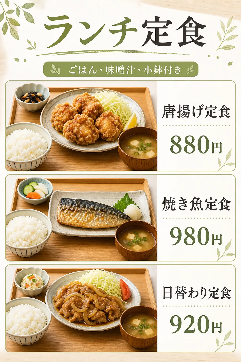飲食店 メニュー: 三種の定食とセット条件