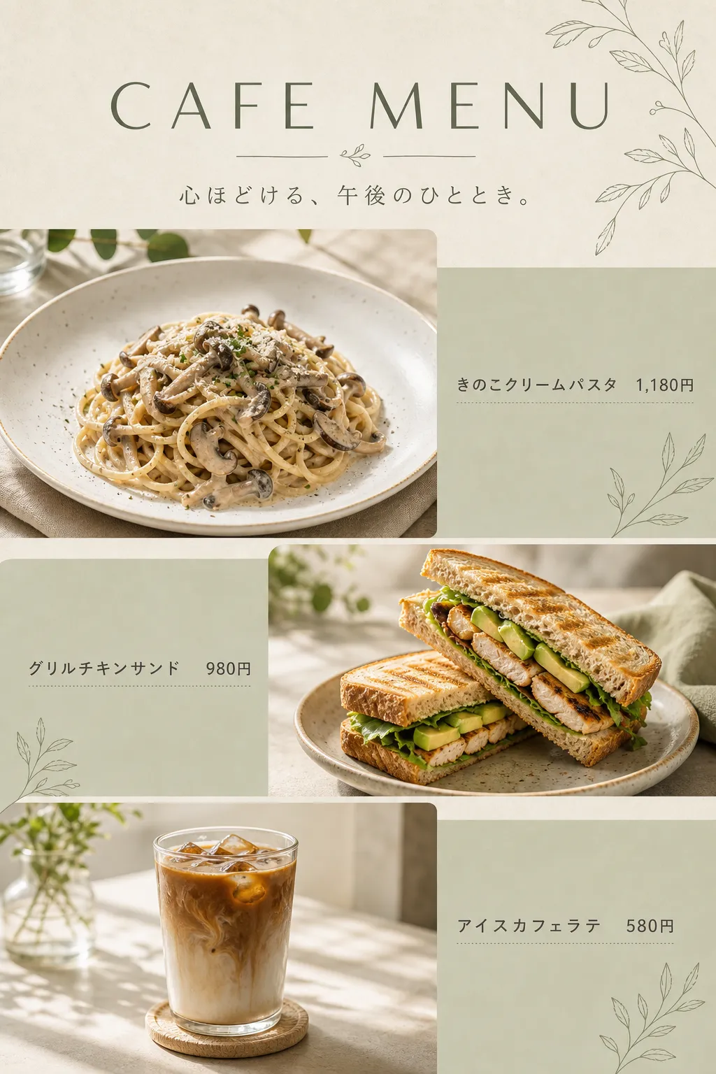 淡い緑の面を使い、パスタ、サンドイッチ、冷たい飲み物を段違いに並べています。
