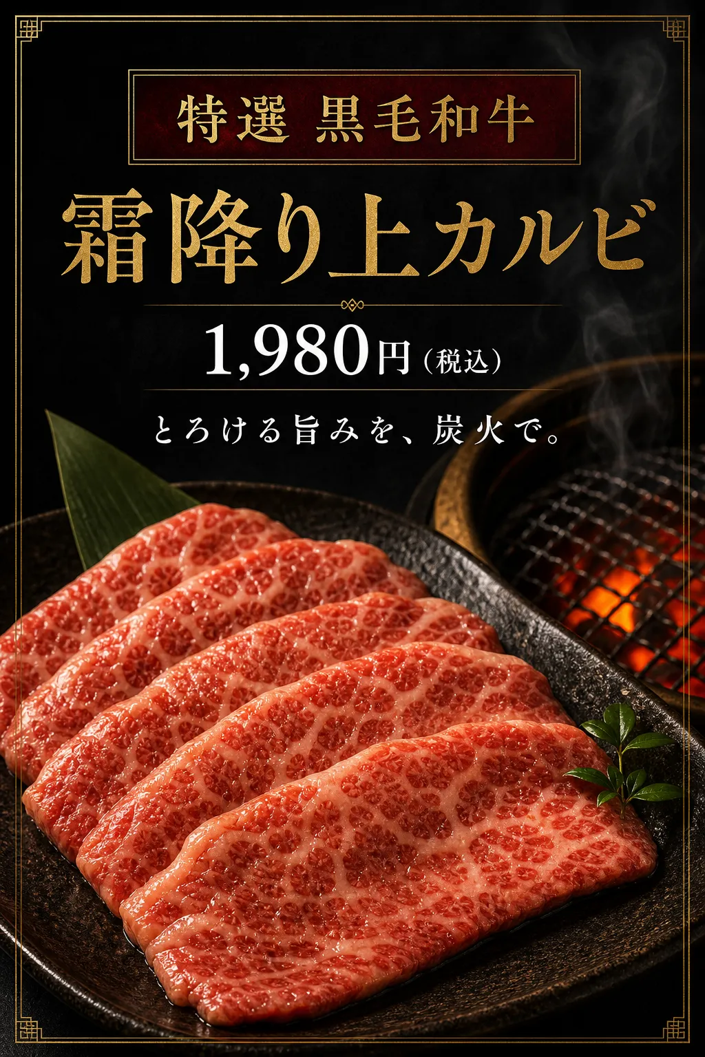 黒と金の枠の中に霜降り肉を大きく見せ、上部で名称と価格を案内しています。