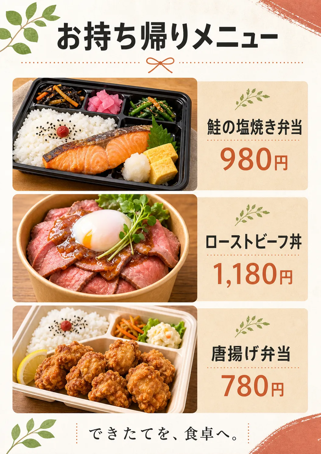 弁当と丼の写真を三段に並べ、右側に持ち帰り商品の価格があります。