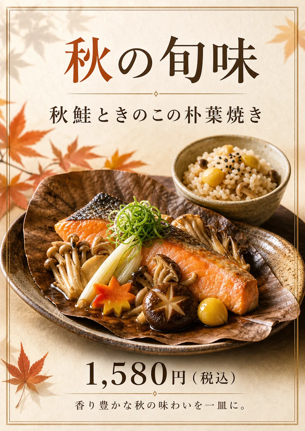 飲食店 メニュー: 紅葉と葉皿の秋料理告知
