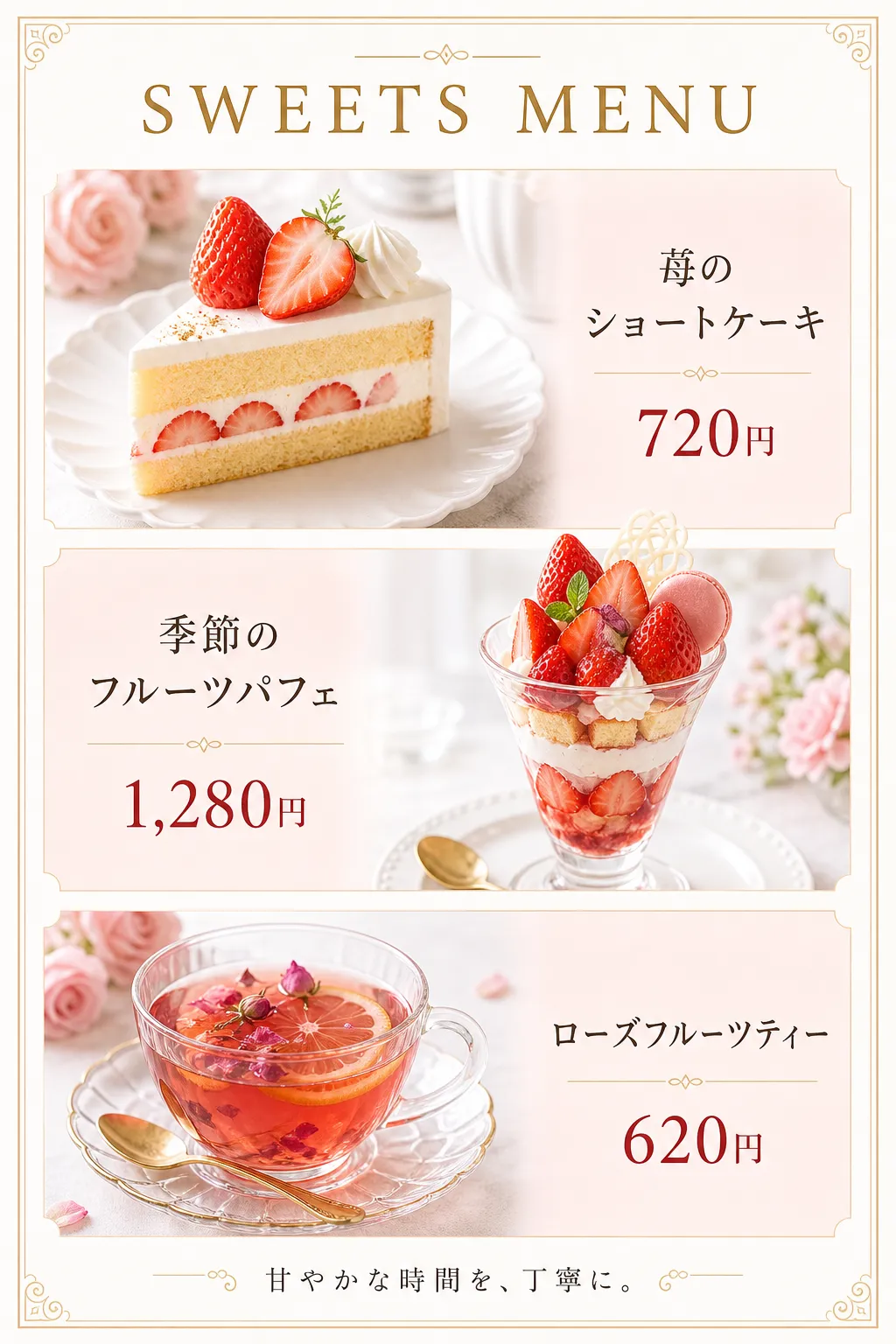 ケーキ、パフェ、紅茶を縦に並べ、桃色の価格を右側へ置いています。