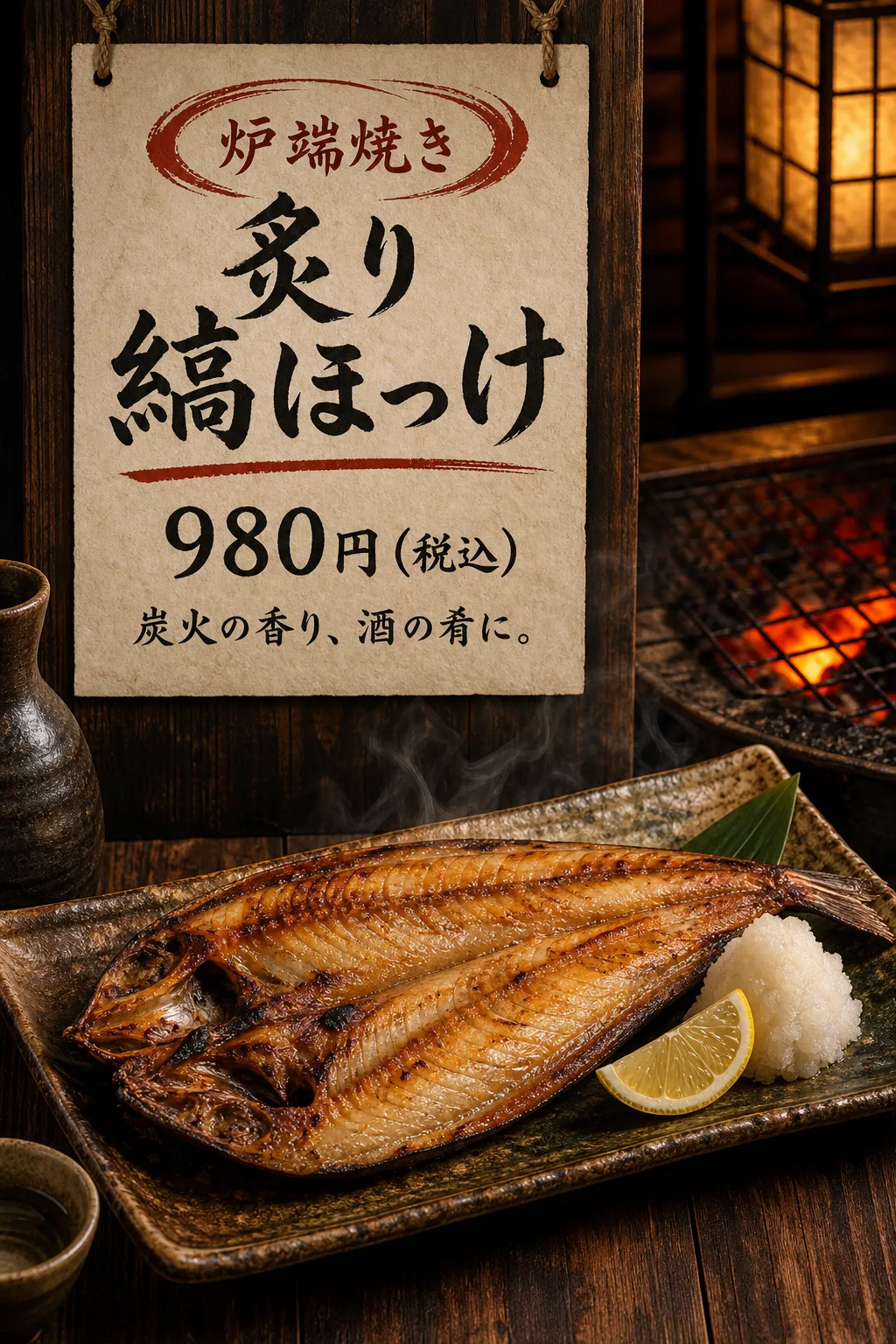 炉端の光と焼き魚に、紙札のような商品名と価格欄を合わせています。