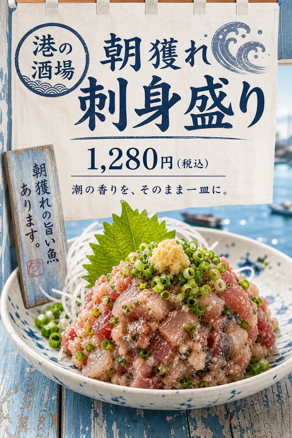 青い波模様と港風の装飾に、刺身を盛った器を大きく配置しています。