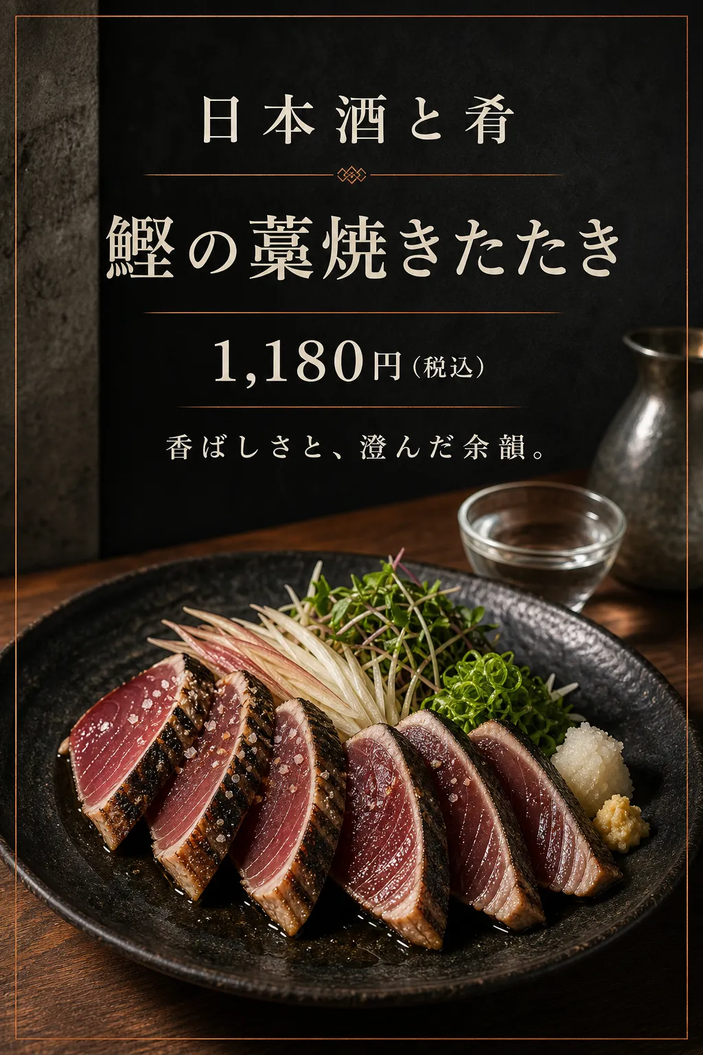 黒い背景に赤身の魚と酒器を置き、白い文字で商品名を案内しています。