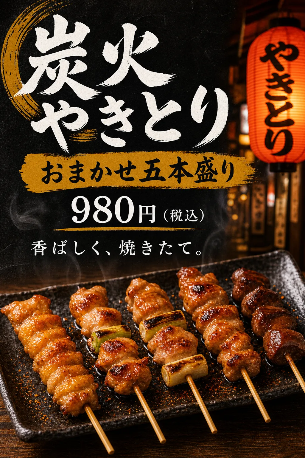 黒地に黄色の帯と白い筆文字を重ね、串焼きを手前へ大きく見せています。