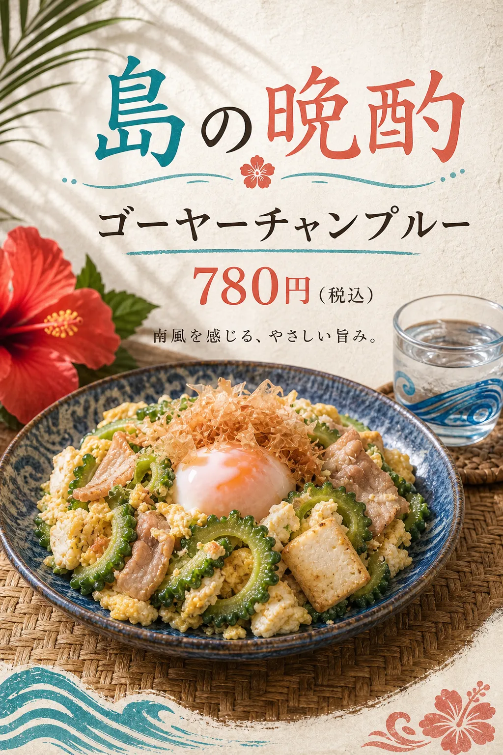 赤い花と波の装飾が炒め物を囲み、南国を思わせる色使いになっています。